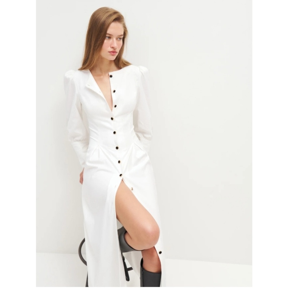 Reformation White Long Sleeve Dress with Black Buttons